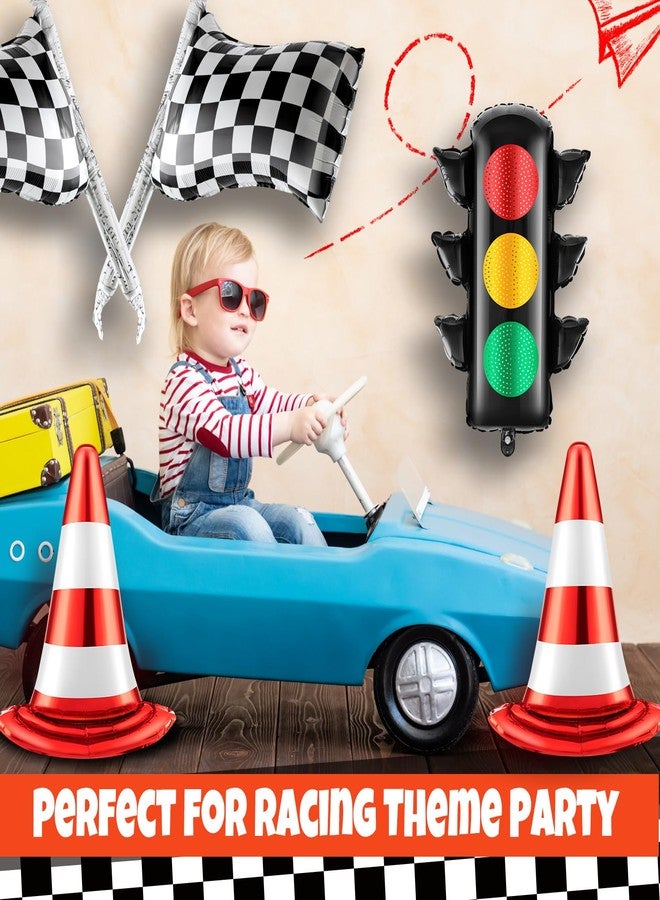 Charnoel 6 Pcs Race Car Birthday Party Decorations Set Traffic Light Balloons Traffic Cones White Checkered Foil Wheels Balloons for Race Car Transportation Baby Shower Racing Boy Birthday Supplies - Image 5